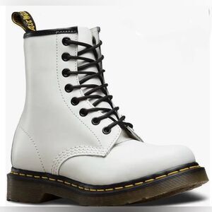 Dr. Martens White Leather 8-Eye Lace-Up Combat Boots with purple laces.
